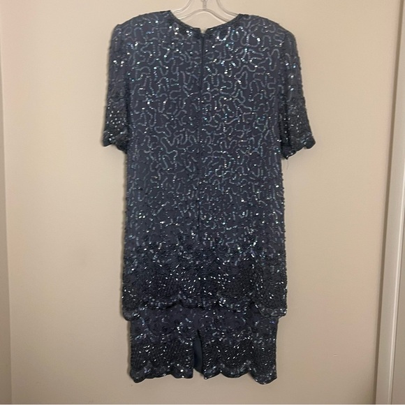 Vintage Brilliante by J.A. Silk Beaded Sequin Steel Blue Formal Dress Size Large - Picture 6 of 9